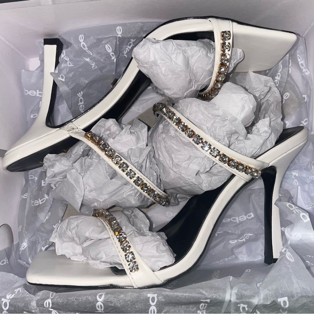 COPY - Bebe Brandie Rhinestone Square Toe Sandal White Heels Size 8 NWT